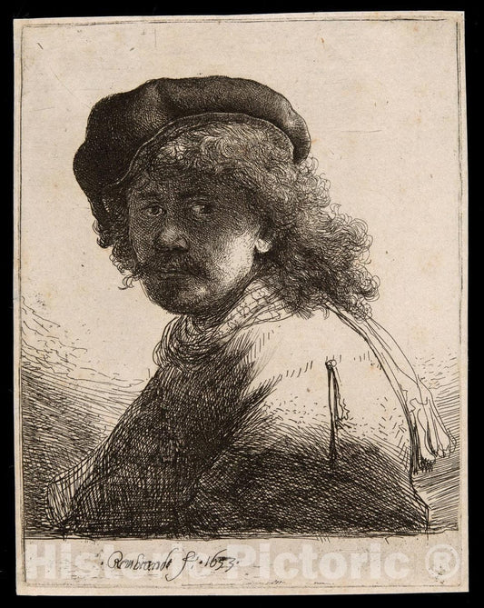 Art Print : Self-Portrait in a Cap and Scarf with the Face Dark: Bust, Rembrandt Harmenszoon Van Rijn, c.1904, Vintage Wall Decor :