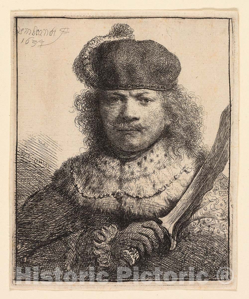 Art Print : Self-Portrait with Raised Sabre, Rembrandt Harmenszoon Van Rijn, c.1685, Vintage Wall Decor :