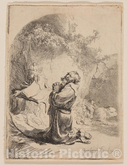 Art Print : St. Jerome Praying: Arched, Rembrandt Harmenszoon Van Rijn, c 1863, Vintage Wall Decor :
