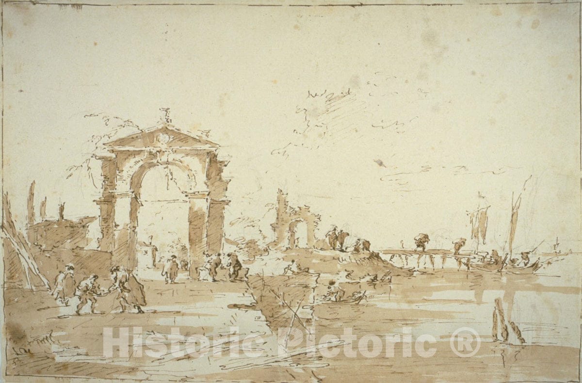 Art Print : Gateway Near a Landing Bridge, Francesco Guardi, c.1590, Vintage Wall Decor :