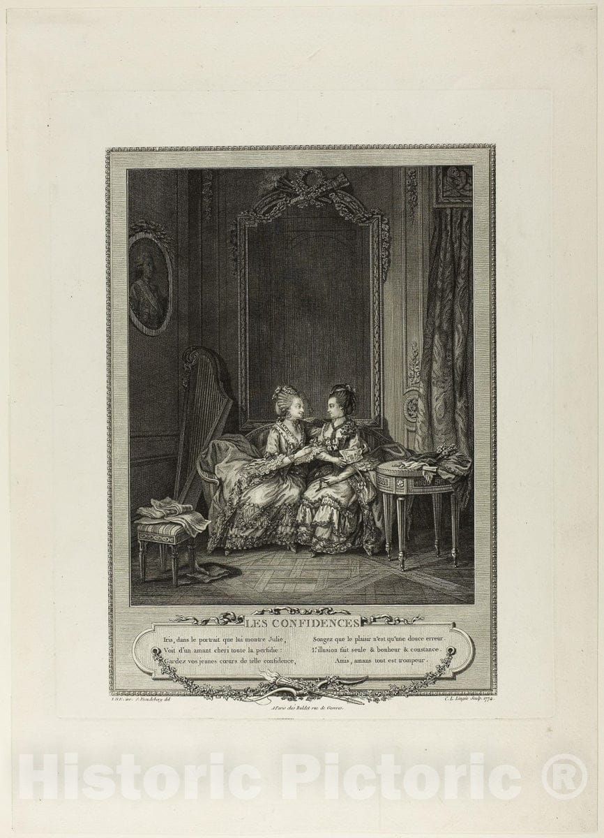 Art Print : Confidences, from Monument du Costume Physique et Moral de la fin du Dix-huitiÃ¨me siÃ¨cle, Charles Louis Lingee , c.1662, Vintage Wall Decor :