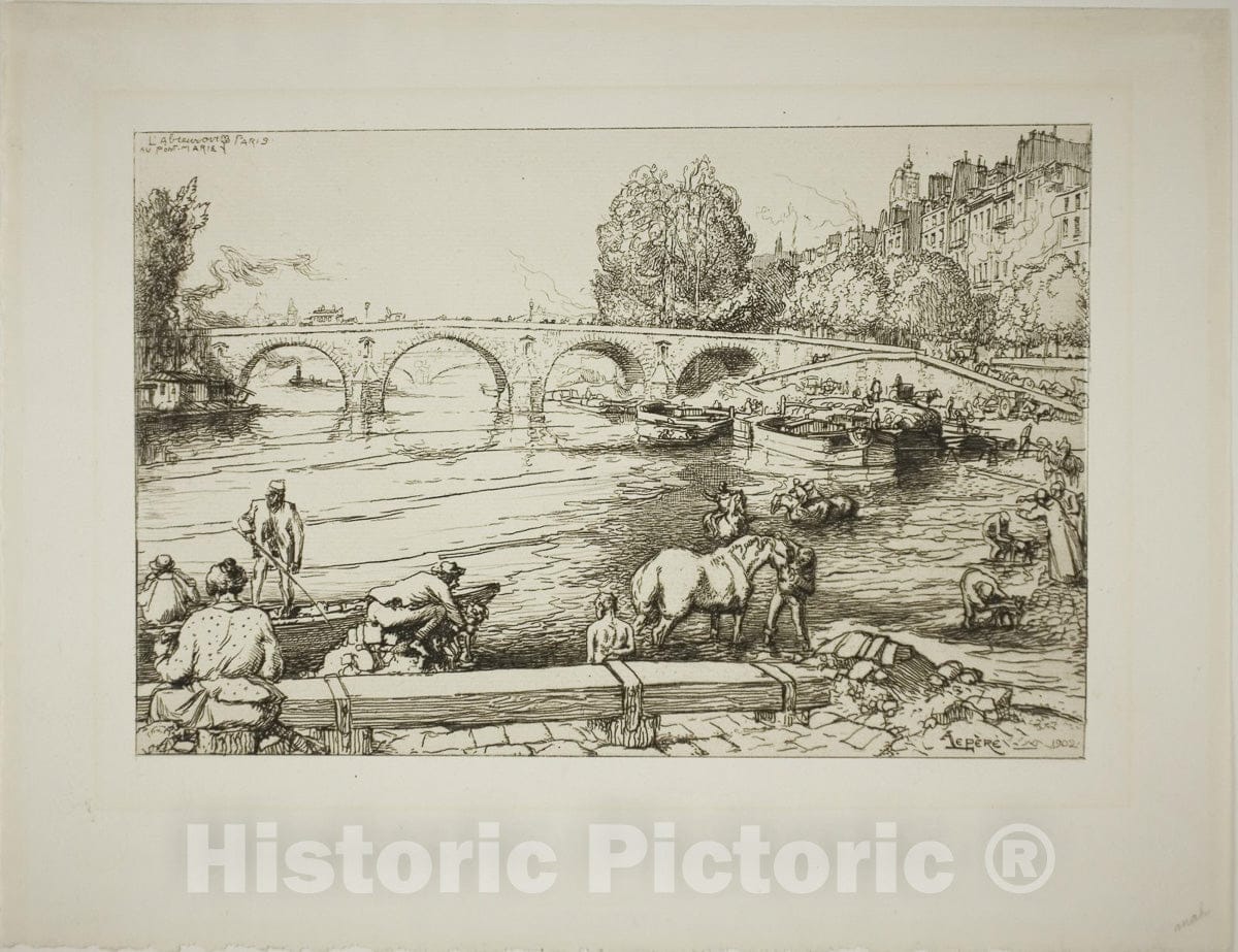 Art Print : The Watering Place at the Pont Marie, Louis Auguste LepÃ¨re, c 1916, Vintage Wall Decor :