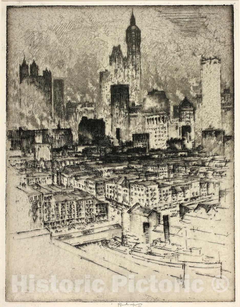 Art Print : New York, from Brooklyn Bridge, Joseph Pennell, c 1919, Vintage Wall Decor :