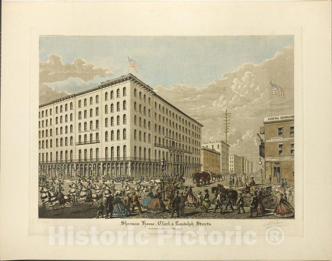 Art Print : Sherman House, Clark and Randolph Streets, Erected in 1860-61, Chicago, Raoul Varin, c 1968, Vintage Wall Decor :