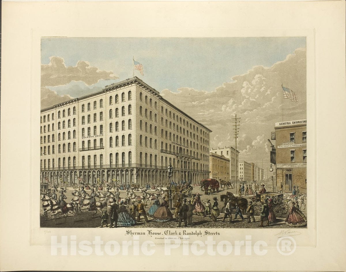 Art Print : Sherman House, Clark and Randolph Streets, Erected in 1860-61, Chicago, Raoul Varin, c 1968, Vintage Wall Decor :