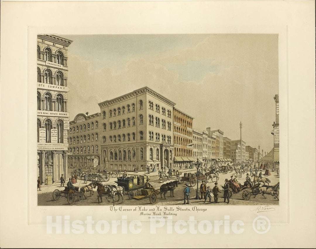 Art Print : Corner of Lake and La Salle Streets, Chicago, Marine Bank Building in the Year 1864, Raoul Varin, c 1936, Vintage Wall Decor :