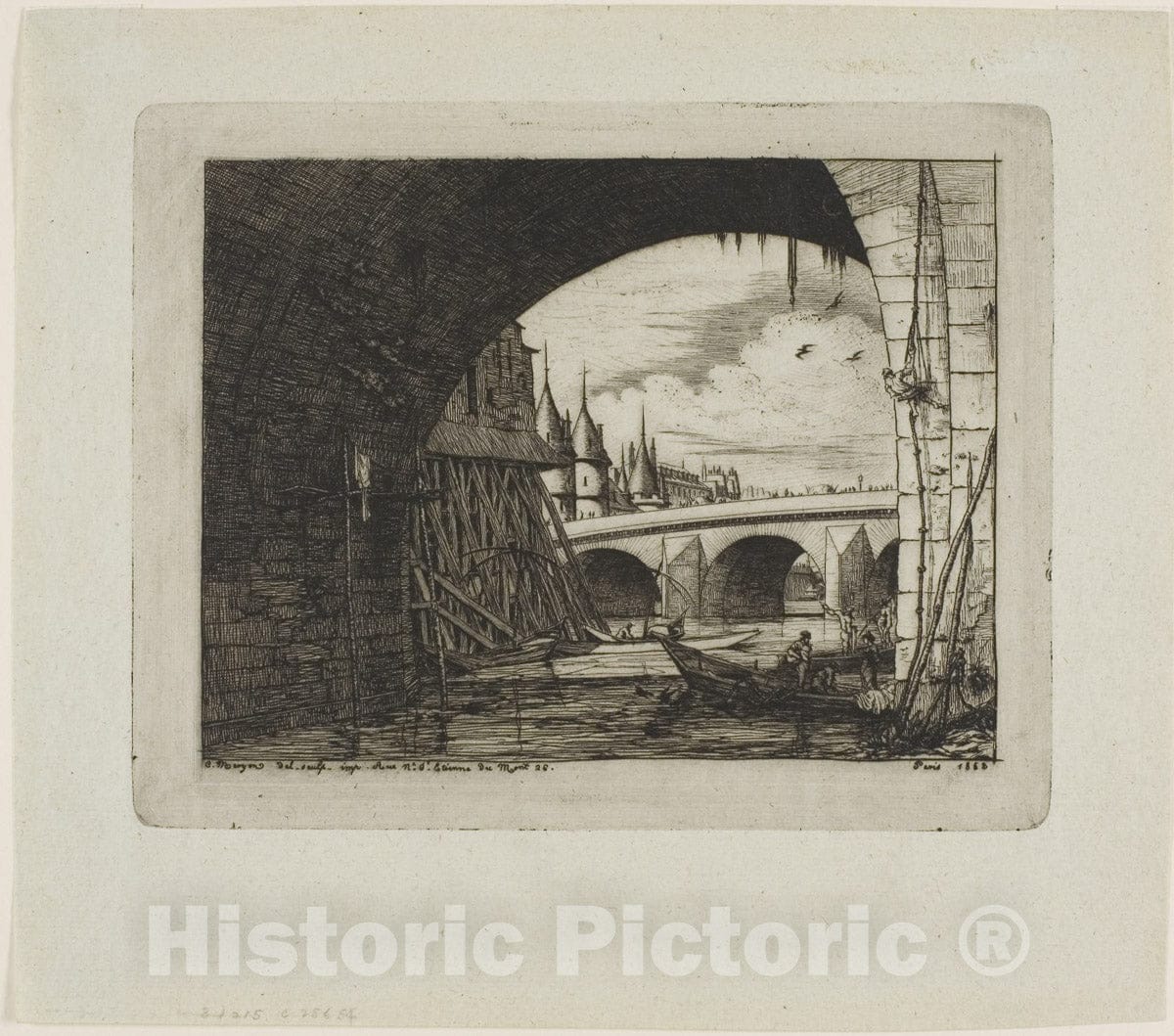 Art Print : An Arch of Pont Notre-Dame, Paris, Charles Meryon, c 1875, Vintage Wall Decor :