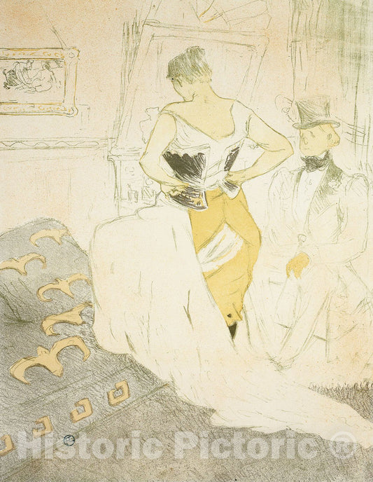 Art Print : Woman Fastening a Corset, Passing Conquest, plate nine from Elles, Henri de Toulouse-Lautrec, c 1970, Vintage Wall Decor :
