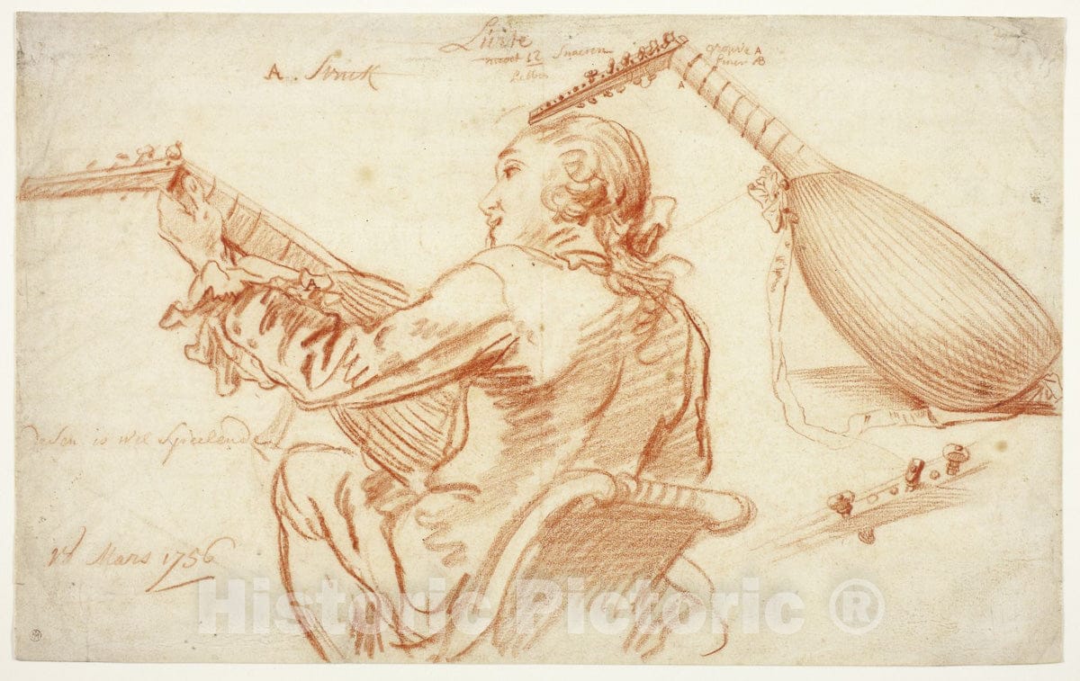 Art Print : Sketches of a Lute Player and Lute, Jan Anton Garemyn, c 1700, Vintage Wall Decor :