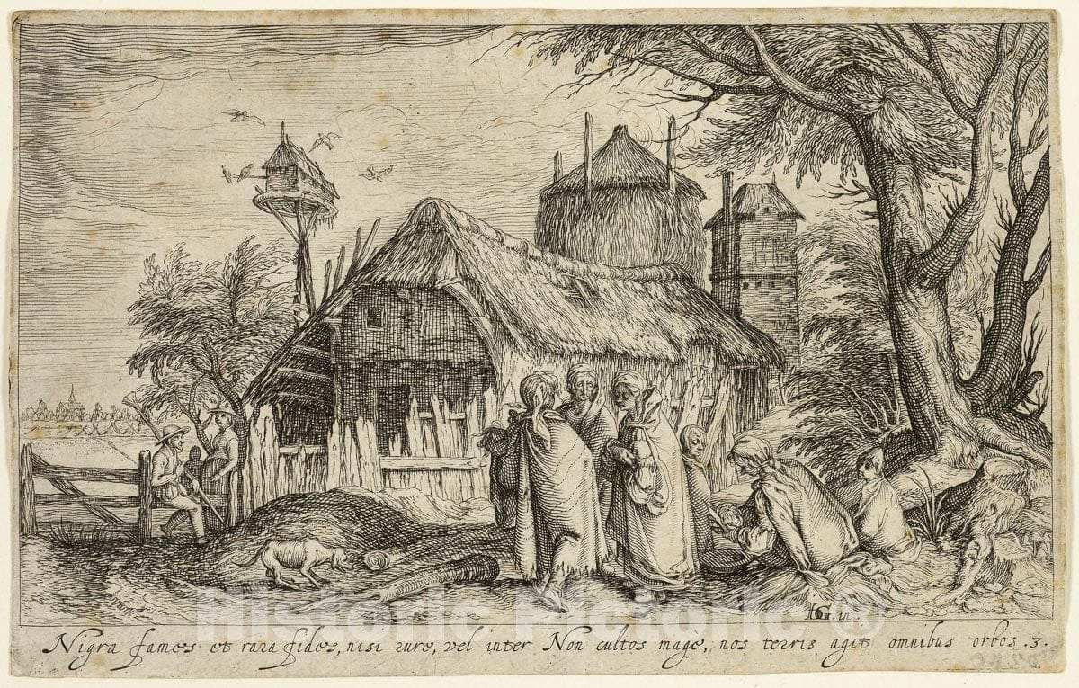 Art Print : Landscape with Gypsy Women Near a Farm Building, Andries Stock, c 1958, Vintage Wall Decor :