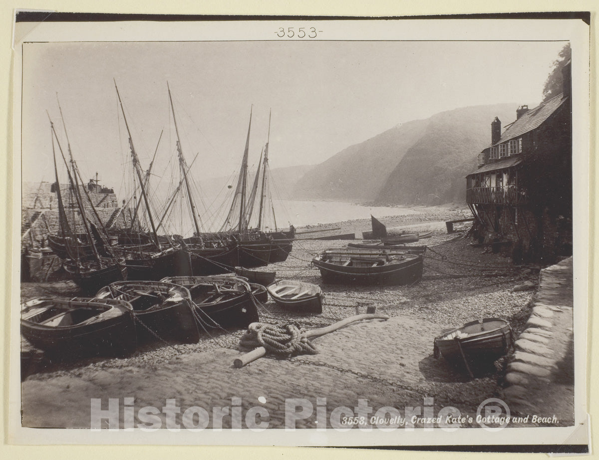 Art Photo : Clovelly, Crazed Kates Cottage and Beach, Francis Bedford, c.1877, Vintage Wall Decor :