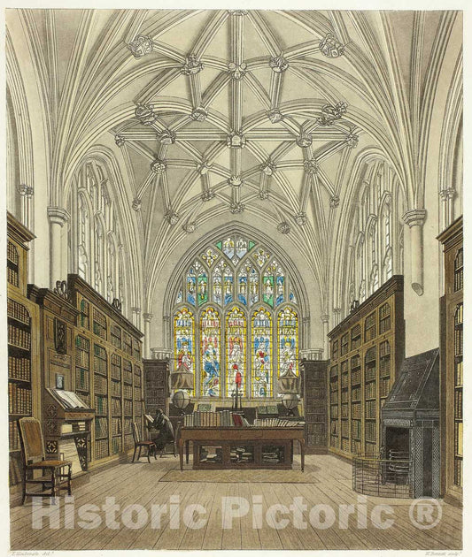 Art Print : Library of Winchester College, William Bennett, c.1811, Vintage Wall Decor :