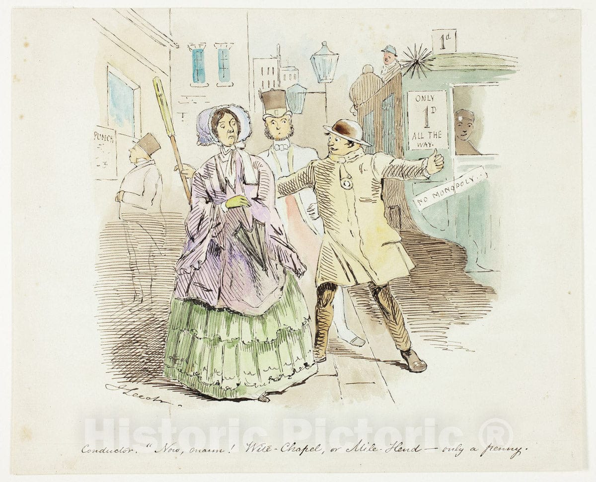 Art Print : Conducter, Now Marm! Wait-Chapel or Mile Hend-only a, John Leech, c 1840, Vintage Wall Decor :