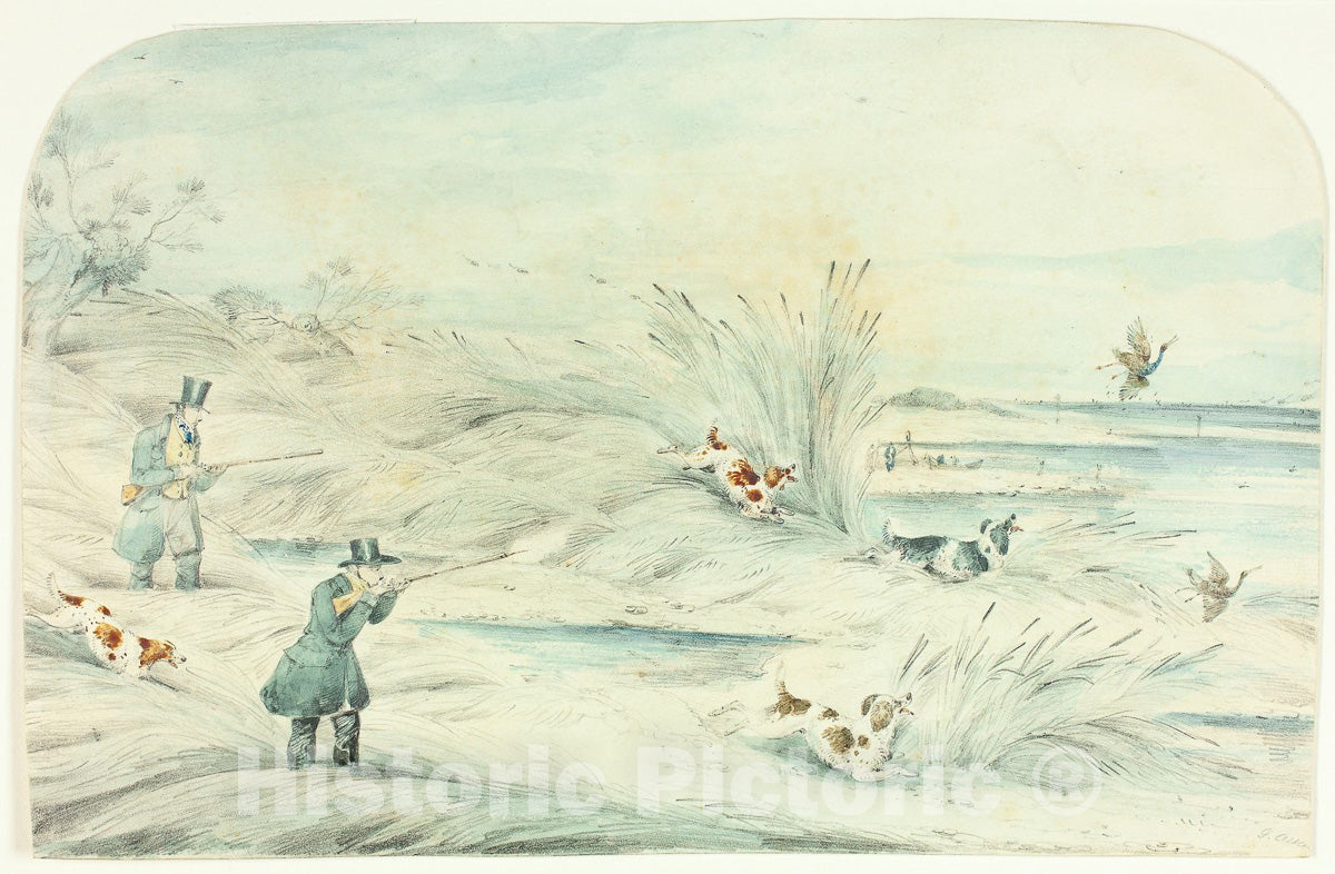Art Print : Hunt Crossing Stream Shooting Ducks, Henry Alken, c 1700, Vintage Wall Decor :