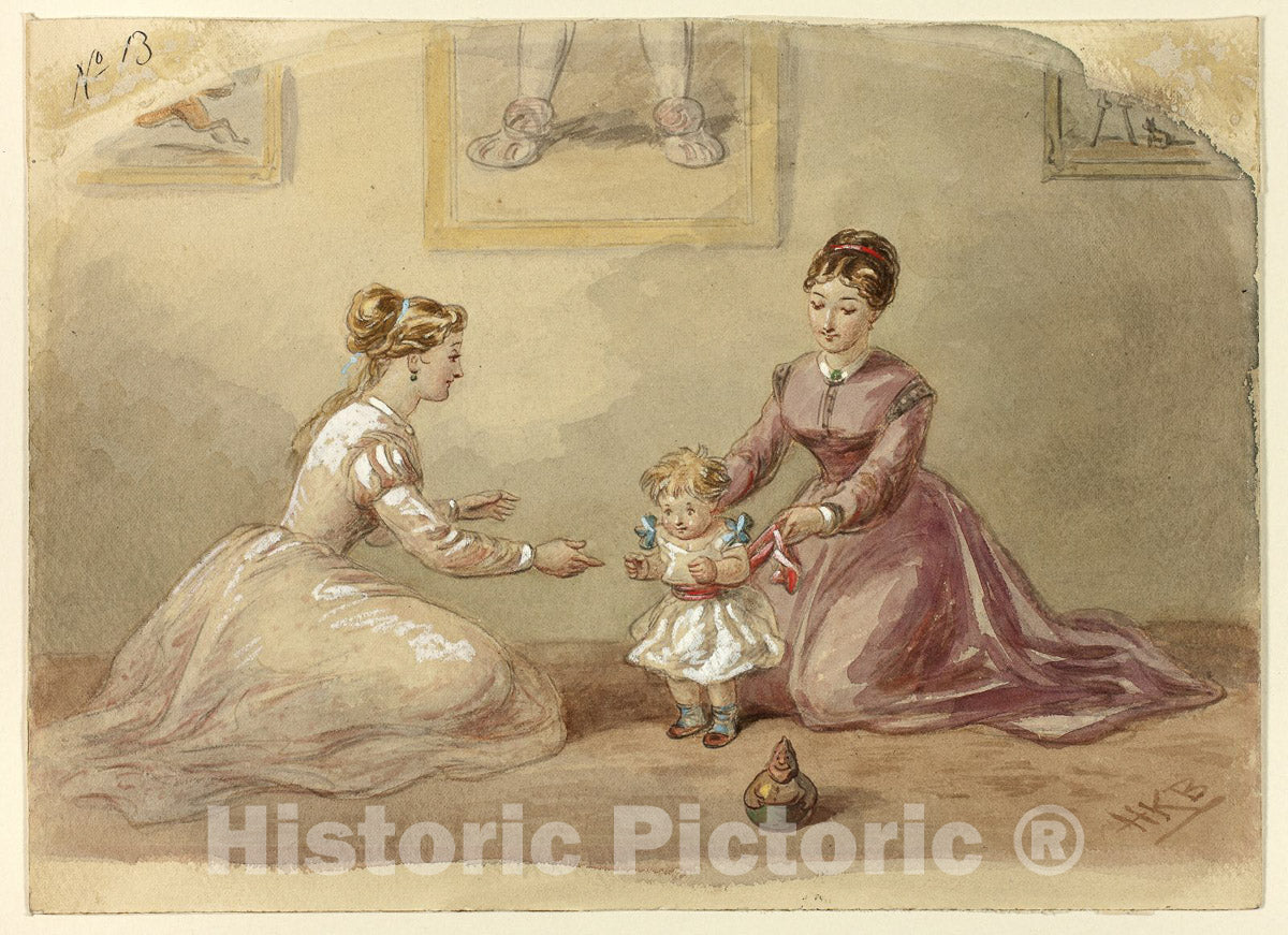 Art Print : Ladies Coaxing Baby to Walk, Hablot Knight Browne, c 1851, Vintage Wall Decor :