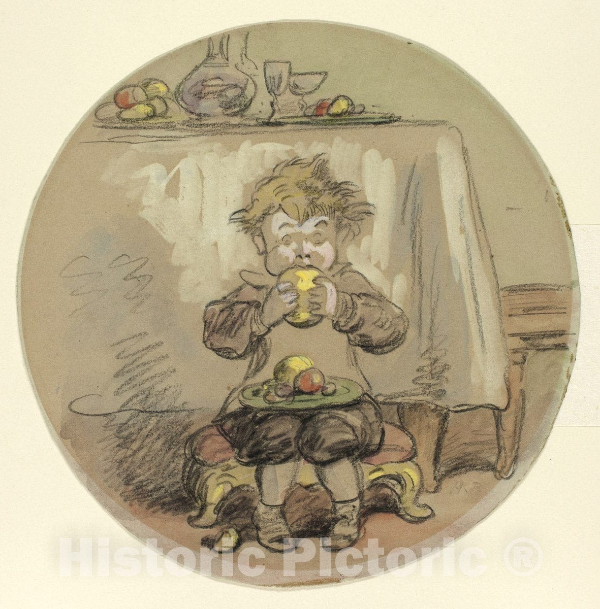 Art Print : Boy Eating Fruit, Hablot Knight Browne, c.1917, Vintage Wall Decor :