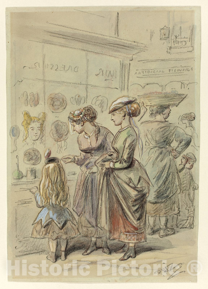 Art Print : Two Ladies and Little Girl Before Hairdressers Shop, Hablot Knight Browne, c 1969, Vintage Wall Decor :