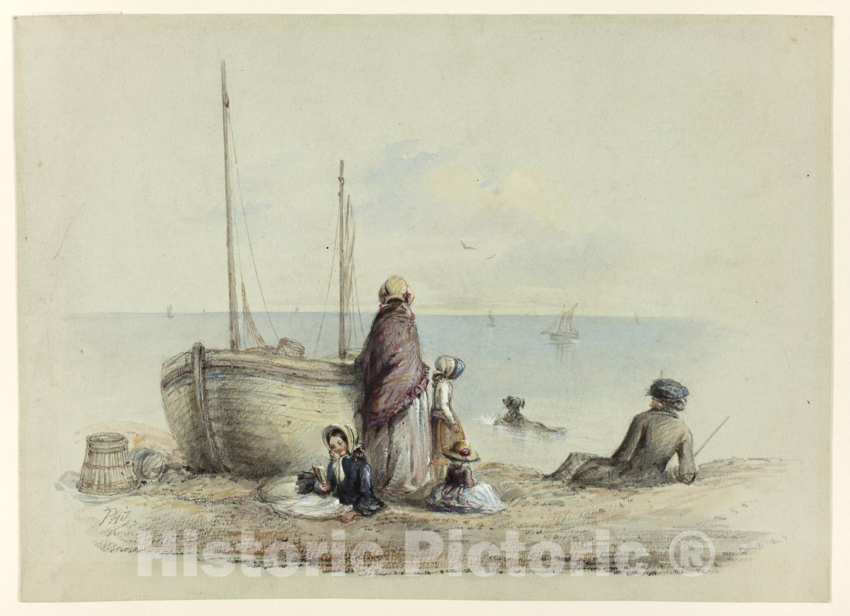 Art Print : Family on a Beach, Hablot Knight Browne, c 1907, Vintage Wall Decor :