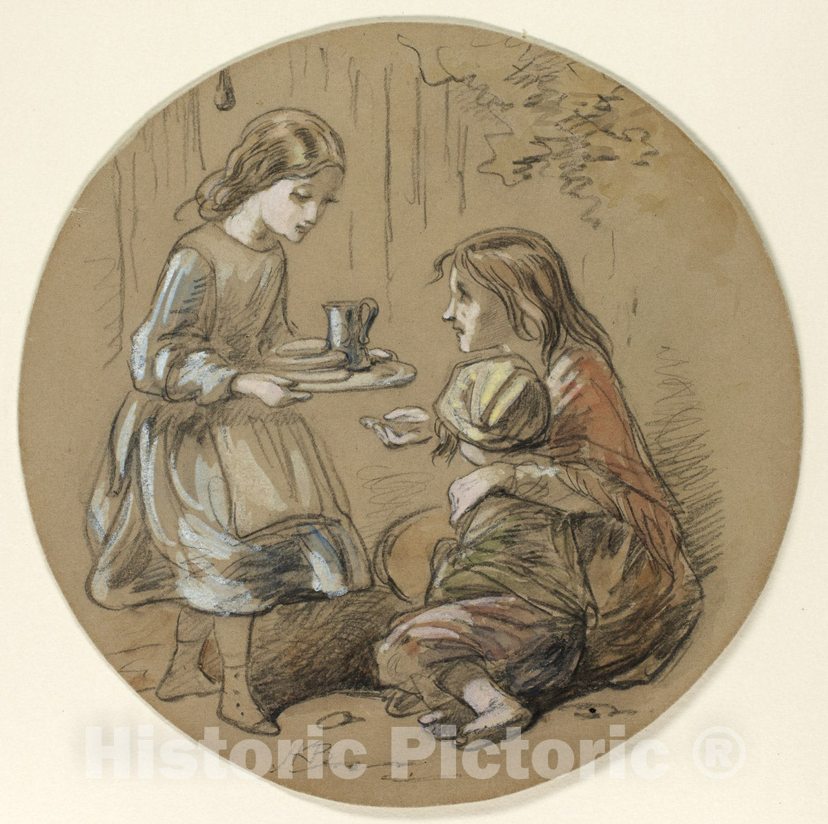 Art Print : Girl Bringing Food to Poor Children, Hablot Knight Browne, c 1966, Vintage Wall Decor :