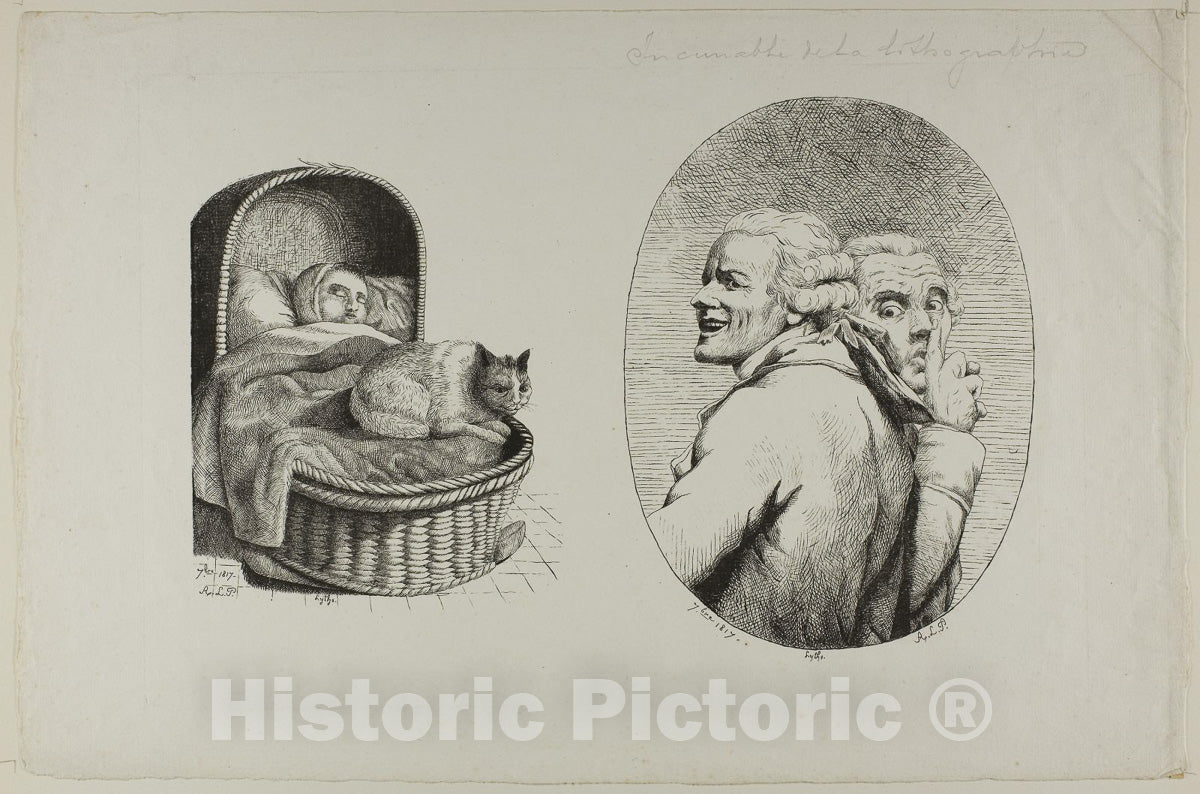 Art Print : Child in a crib and Jeux de physionomie after Ducreux, Monogrammist A.L.P., c.1817, Vintage Wall Decor :
