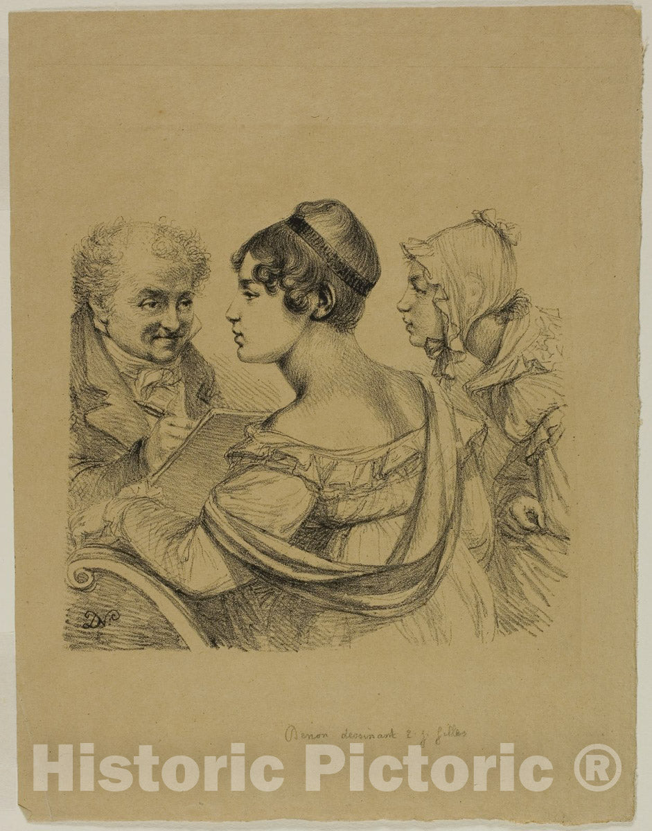 Art Print : Self-Portrait with Two Young Ladies, Dominique-Vivant Denon, c.1843, Vintage Wall Decor :