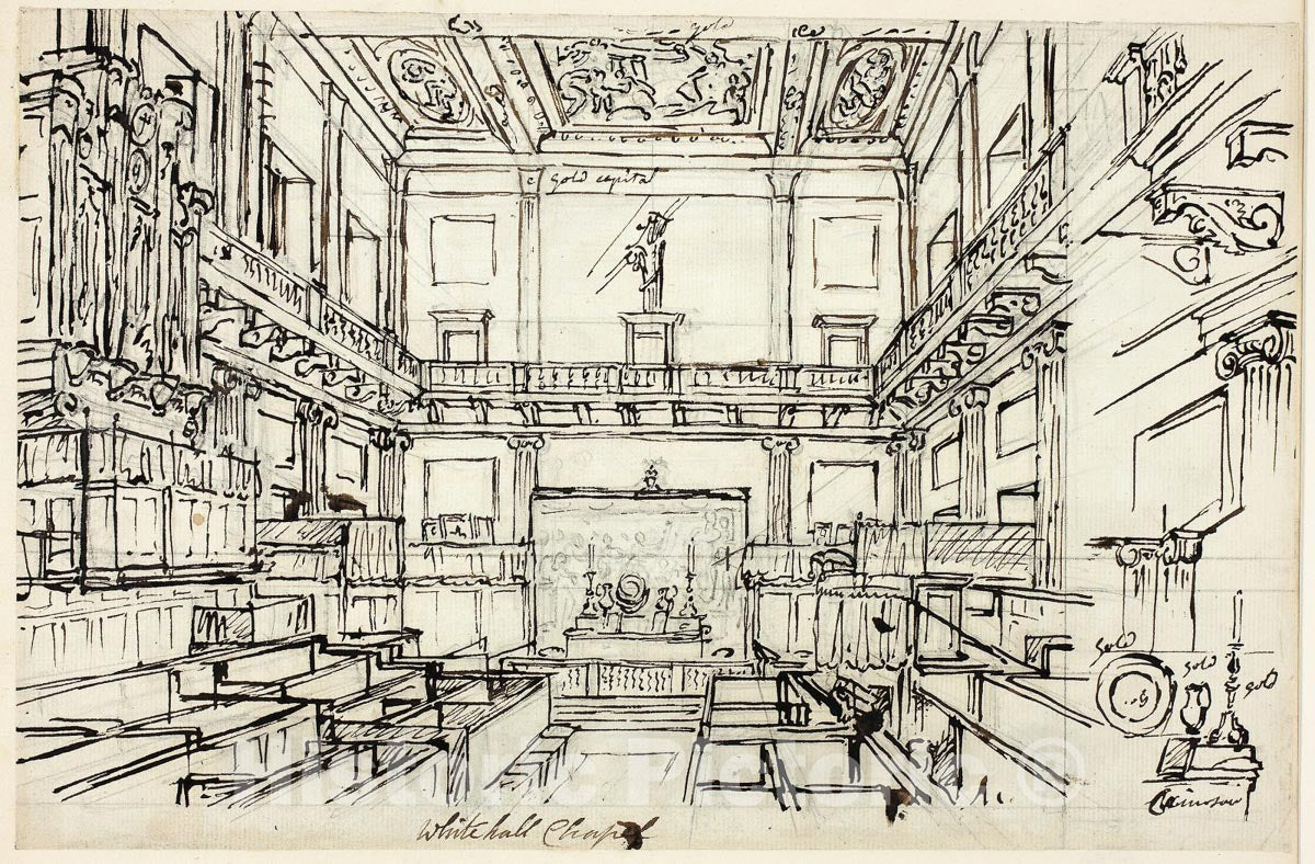Art Print : Study for Whitehall Chapel, from Microcosm of London, Augustus Charles Pugin, c.1600, Vintage Wall Decor :