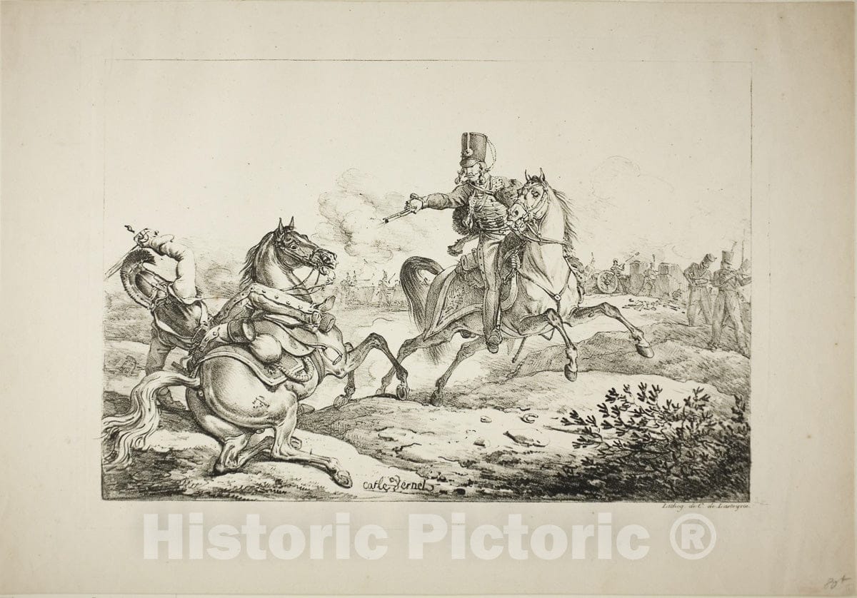 Art Print : Hussar Discharging his Pistol at a German Dragoon, Carle Vernet, c 1813, Vintage Wall Decor :