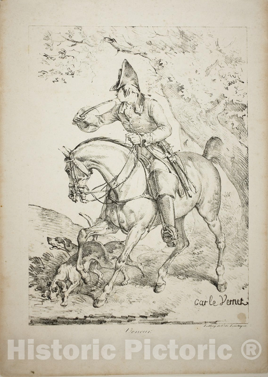 Art Print : Mounted Huntsman Sounding a Horn, Carle Vernet, c 1813, Vintage Wall Decor :