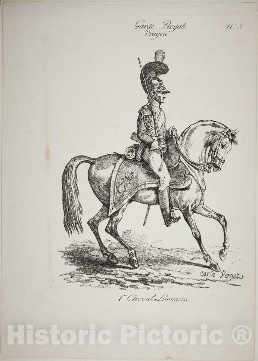 Art Print : Royal Guard, Norman Mounted Dragoon and Horse, No. 5, First Limoges Horse, Carle Vernet, c 1822, Vintage Wall Decor :