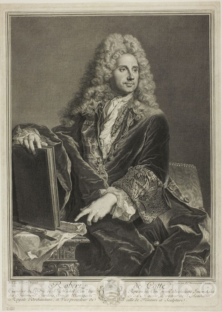 Art Print : Portrait of Robert de Cotte, Pierre Drevet, c.1617, Vintage Wall Decor :