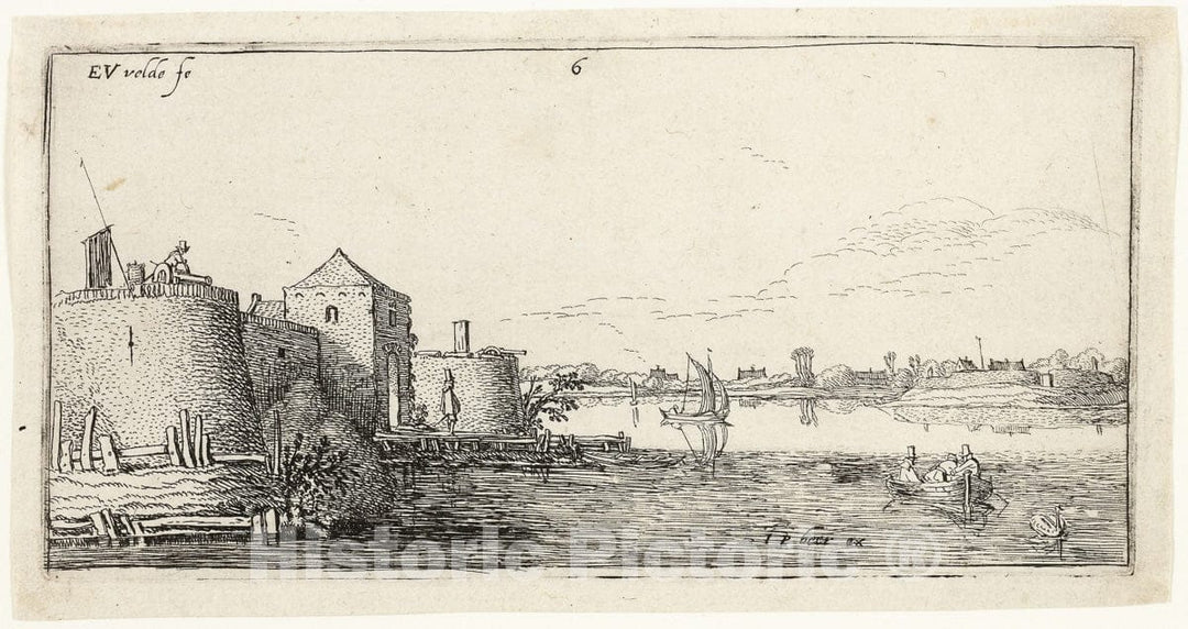 Art Print : Ten Landscapes: Walled River Town to the Left of a River, Esaias Van de Velde, I, c 1520, Vintage Wall Decor :