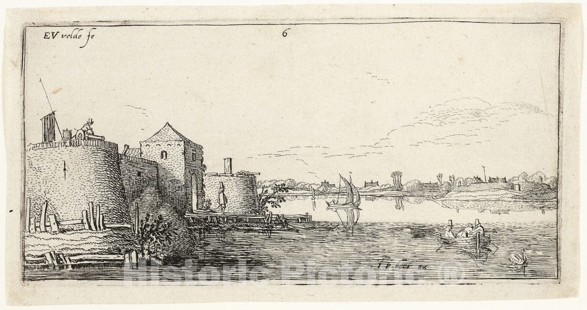 Art Print : Ten Landscapes: Walled River Town to the Left of a River, Esaias Van de Velde, I, c 1520, Vintage Wall Decor :