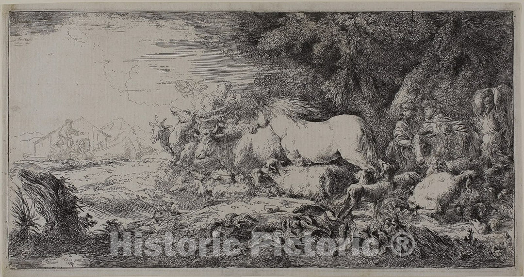 Art Print : Noah and the Animals Entering the Ark, Giovanni Benedetto Castiglione, c 1925, Vintage Wall Decor :