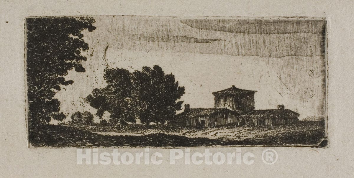 Art Print : Trees and Buildings with Low Tower, John Clerk of Eldin, c.1753, Vintage Wall Decor :