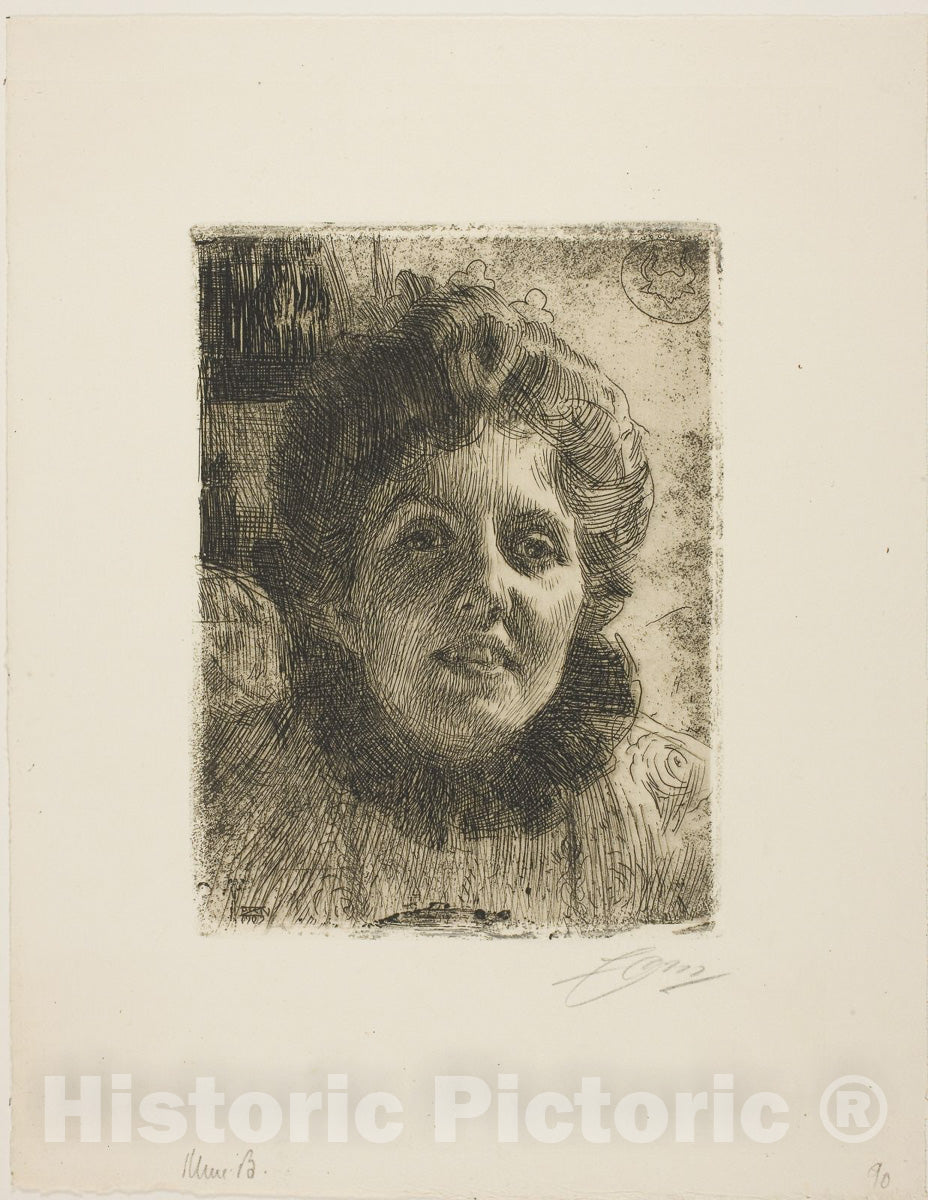Art Print : Aurore (Mrs. Aurore Klintberg, nee Oxenstierna, Head), Anders Zorn, c 1909, Vintage Wall Decor :