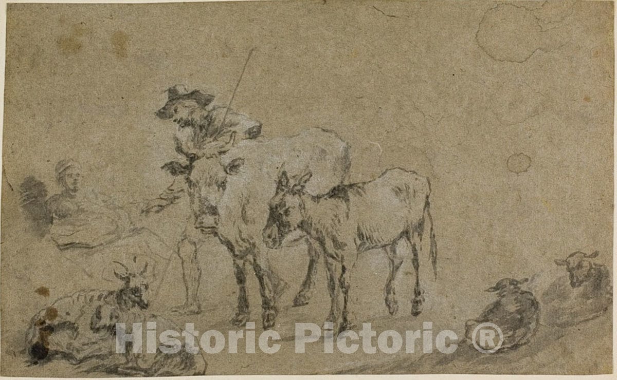 Art Print : Herdsman with Cow, Donkey, Sheep, Claes Pietersz. Bercham, c.1806, Vintage Wall Decor :