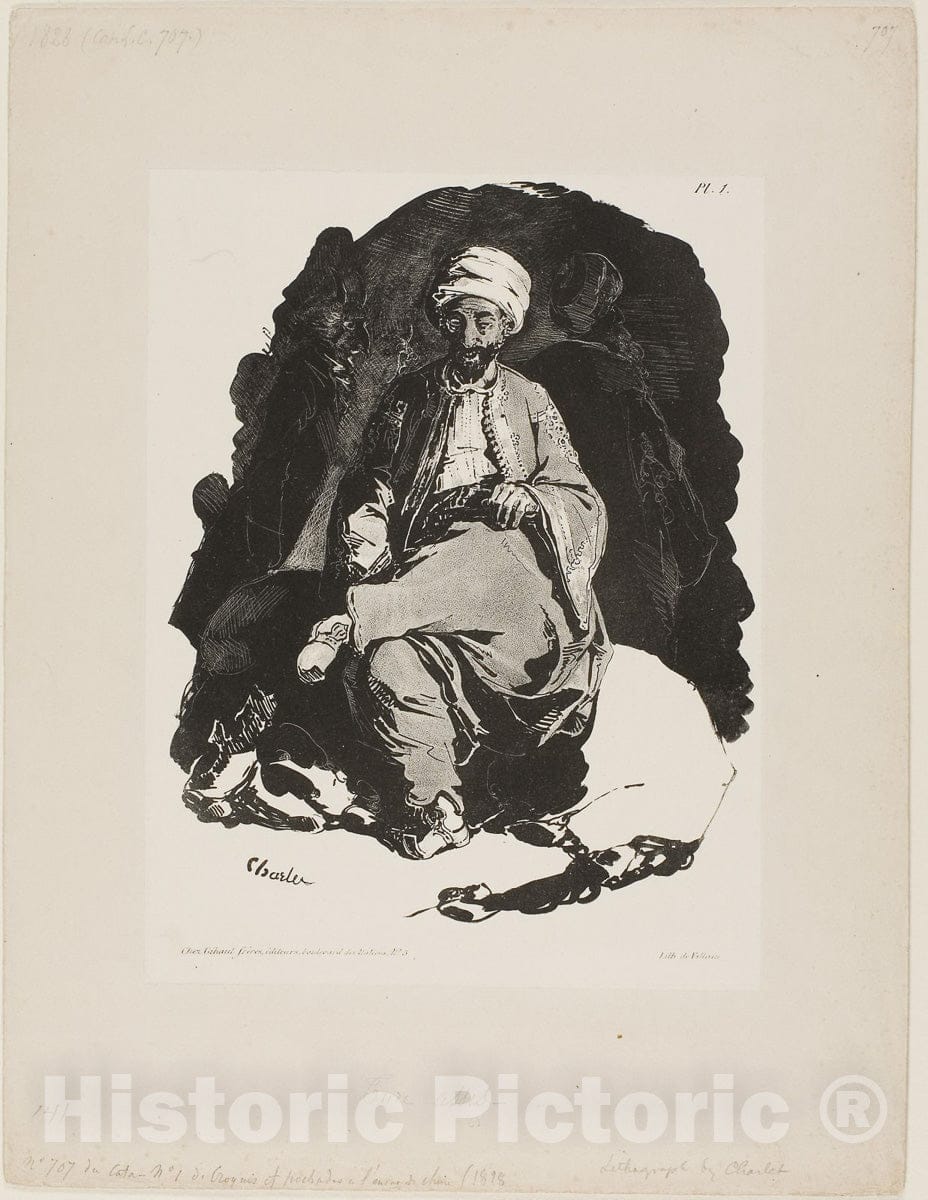 Art Print : Seated Turk, plate one from Ink Sketches by Charlet, Nicolas Toussaint Charlet, c 1882, Vintage Wall Decor :