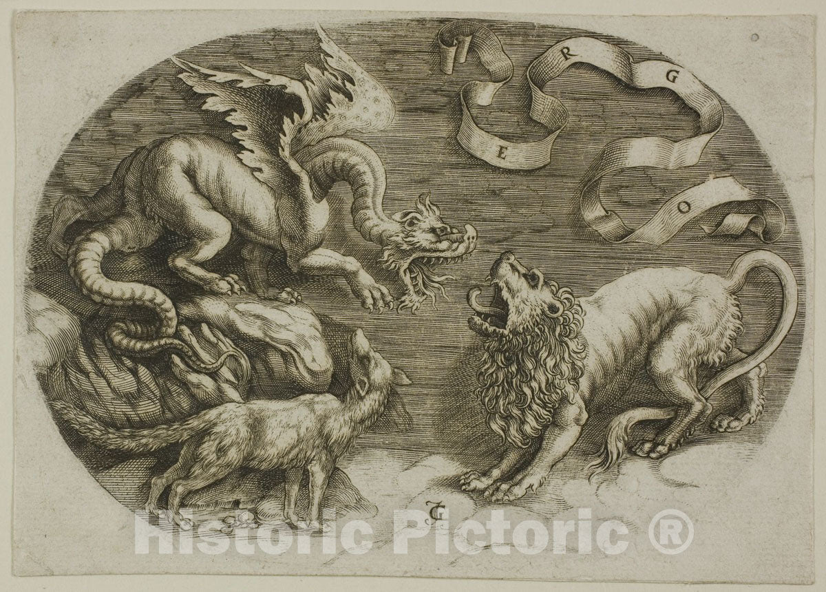 Art Print : Lion, Dragon and Fox, Jean de Gourmont, c.1615, Vintage Wall Decor :