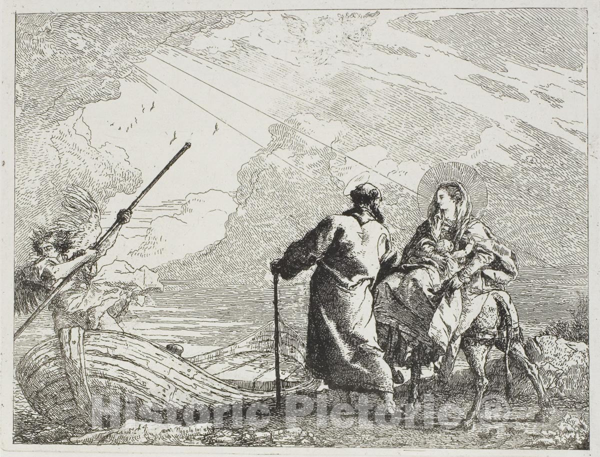Art Print : The Holy Family on the Bank of a River, plate fourteen from The Flight into Egypt, Giovanni Domenico Tiepolo, c.1866, Vintage Wall Decor :