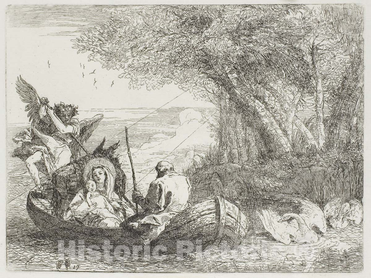 Art Print : The Holy Family Crossing the Lake in the Boat, plate seventeen from The Flight into Egypt, Giovanni Domenico Tiepolo, c.1866, Vintage Wall Decor :