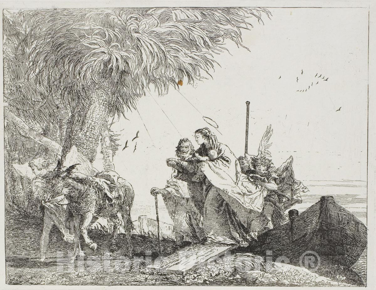 Art Print : Mary, Helped by Joseph and an Angel, Stepping Out of the Boat, plate eighteen from The Flight into Egypt, Giovanni Domenico Tiepolo, c.1866, Vintage Wall Decor :