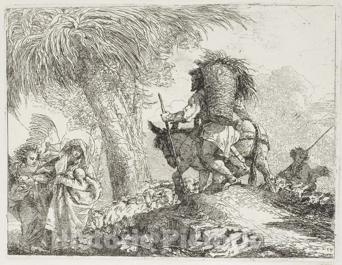 Art Print : Mary, Helped by an Angel, and Joseph Carrying the Basket,  from The Flight into Egypt, Giovanni Domenico Tiepolo, c.1866, Vintage Wall Decor :