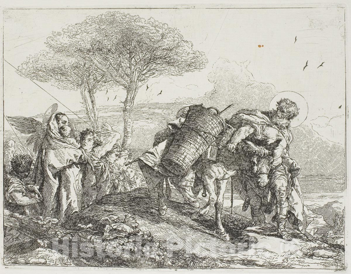 Art Print : Mary, Helped by Two Angels, Follows Joseph with the Donkey, plate twenty-five from The Flight into Egypt, Giovanni Domenico Tiepolo, c.1866, Vintage Wall Decor :