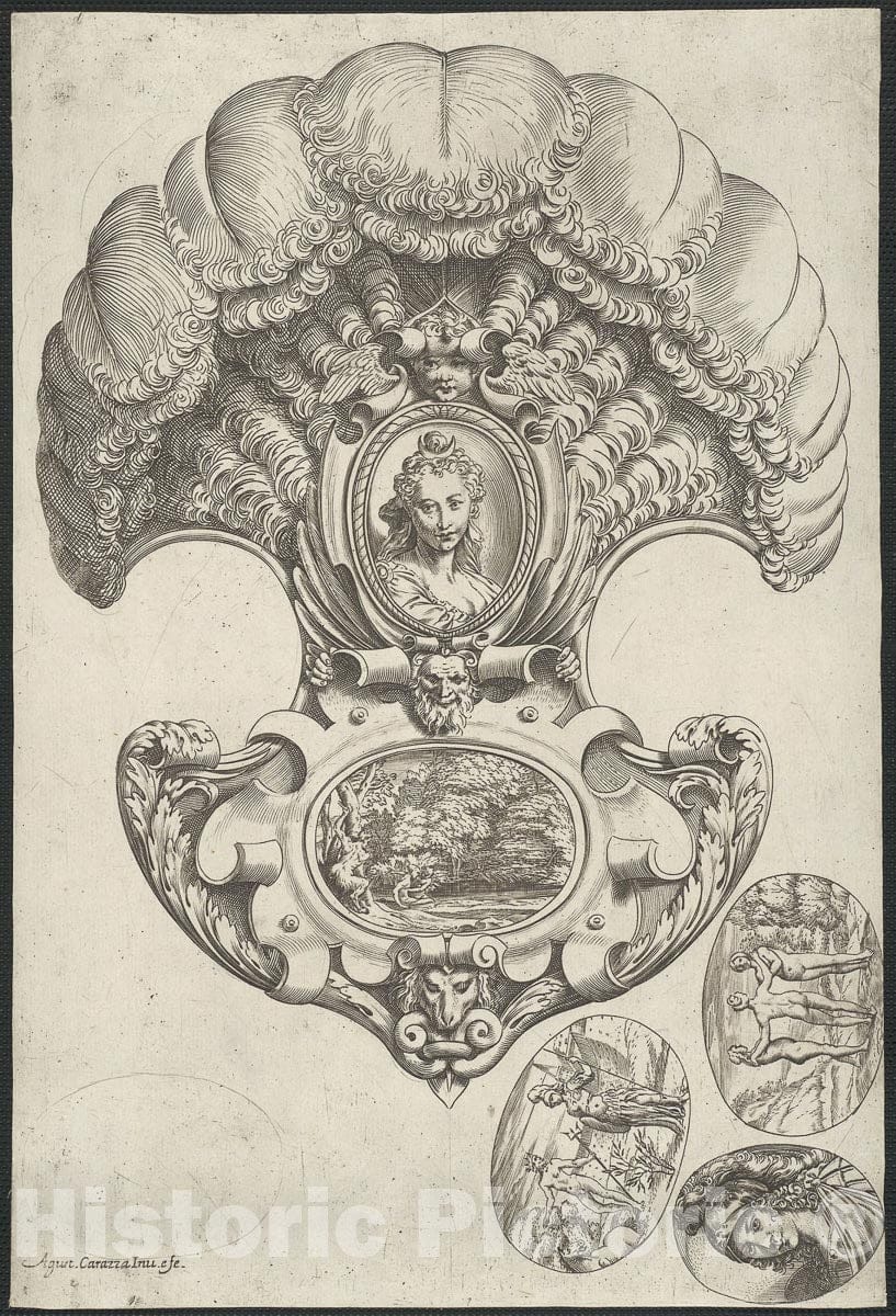 Art Print : A Headpiece in the Form of a Fan, Agostino Carracci, c.1566, Vintage Wall Decor :