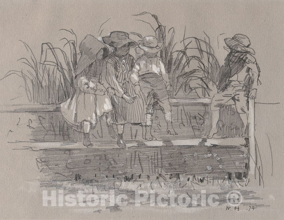Art Print : Children Sitting on a Fence, Winslow Homer, c 1990, Vintage Wall Decor :