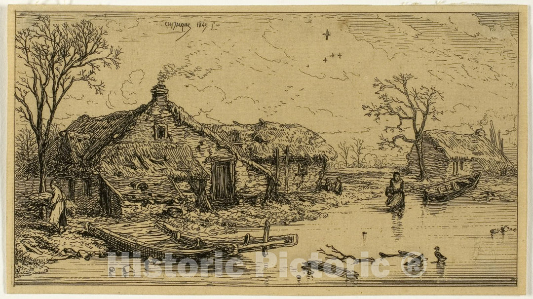 Art Print : The Frozen Pond, Charles emile Jacque, c 1912, Vintage Wall Decor :