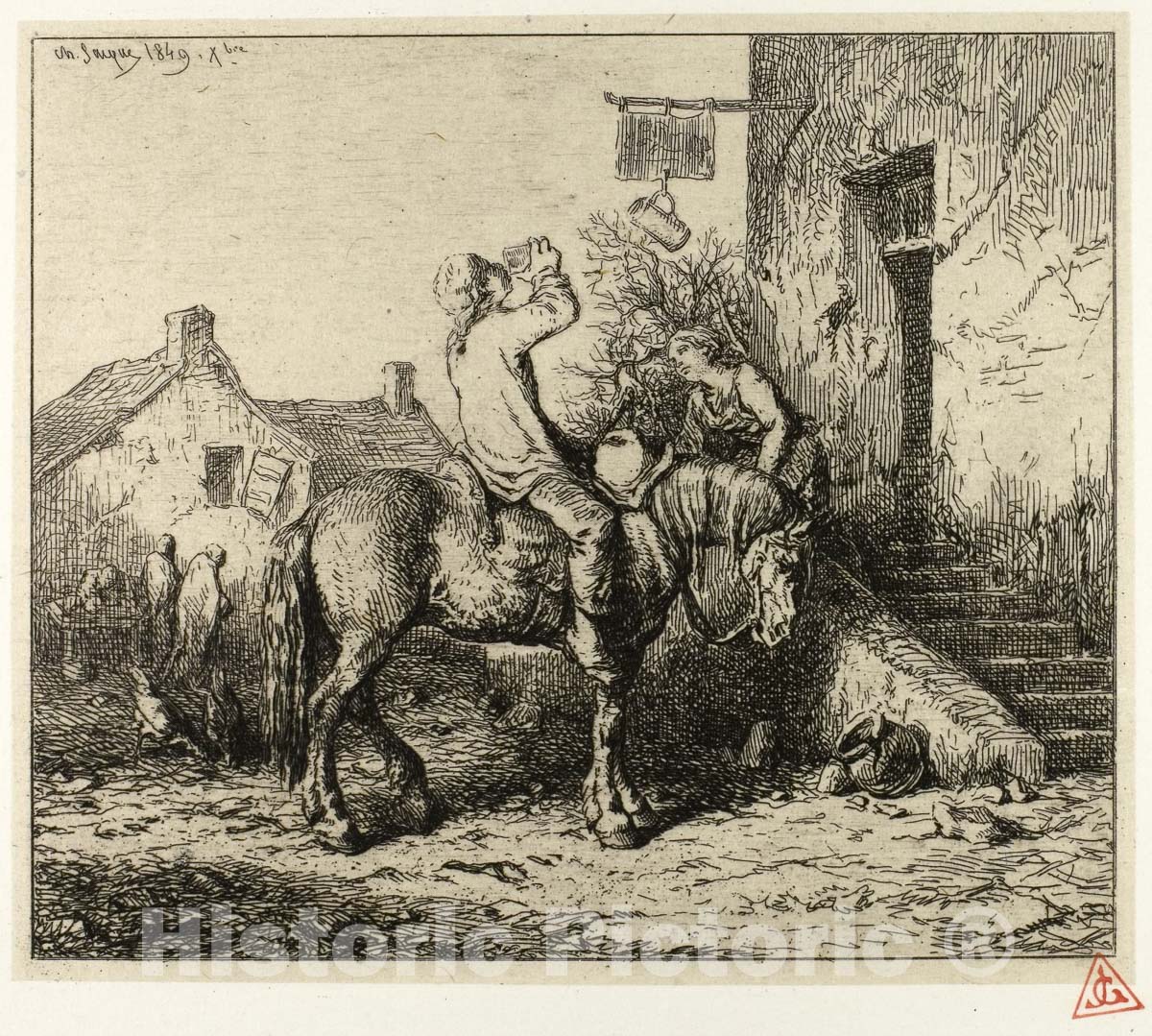 Art Print : Entrance to an Inn, with Peasant Drinking, Charles emile Jacque, c 1866, Vintage Wall Decor :