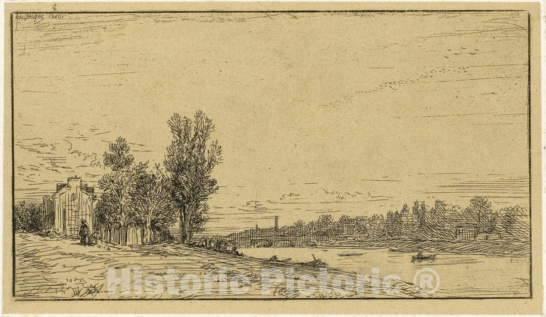 Art Print : The Banks of a River, Charles emile Jacque, c.1641, Vintage Wall Decor :