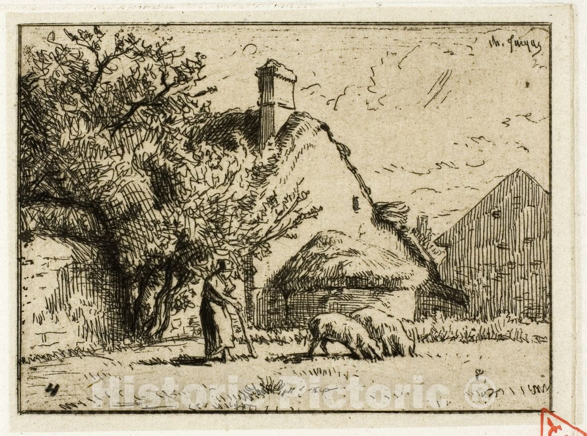 Art Print : Woman Tending Two Pigs, Charles emile Jacque, c 1872, Vintage Wall Decor :