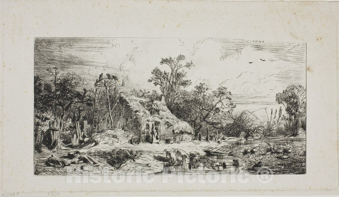 Art Print : Landscape with Thatched Cottages, Charles emile Jacque, c 1914, Vintage Wall Decor :
